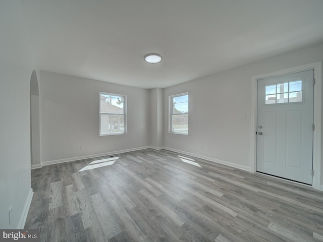 foyer featuring arched walkways, wood finished floors, and a healthy amount of sunlight