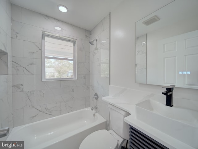 full bath with shower / bathing tub combination, toilet, and vanity