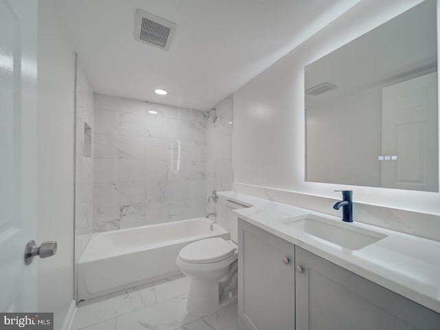 full bathroom with toilet, shower / bathtub combination, visible vents, marble finish floor, and vanity