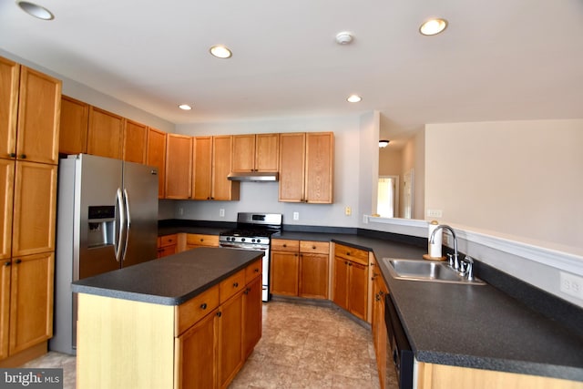 8 Aster Dr, Sicklerville, NJ 08081 - kitchen featuring a peninsula, recessed lighting, under cabinet range hood, a sink, and stainless steel appliances