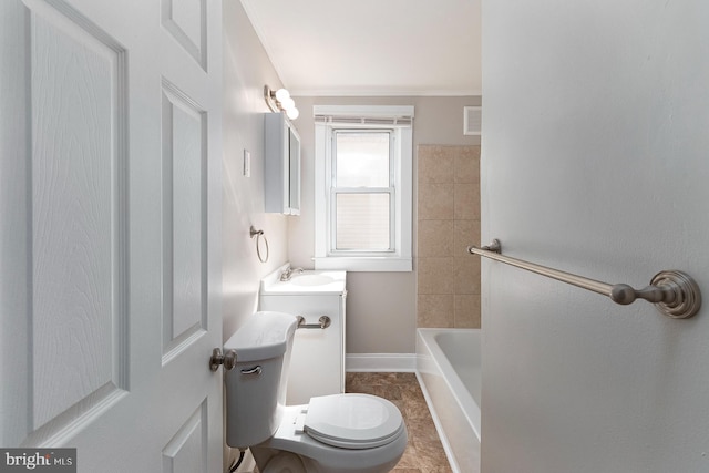 bathroom featuring baseboards, visible vents, toilet, and vanity