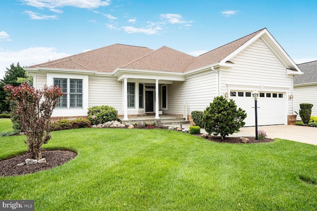 view of front facade featuring a porch, driveway, a garage, roof with shingles, and a front lawn