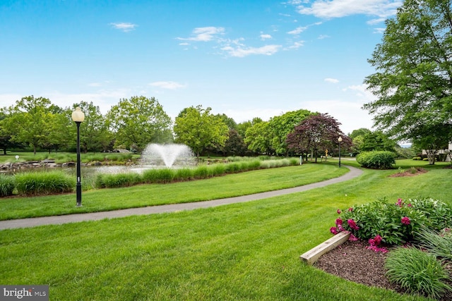 view of property's community with a lawn and a water view