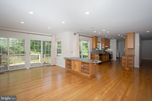 kitchen with brown cabinetry, appliances with stainless steel finishes, open shelves, light wood finished floors, and recessed lighting