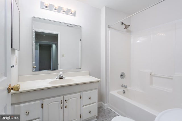 bathroom with vanity, shower / bath combination, visible vents, and toilet