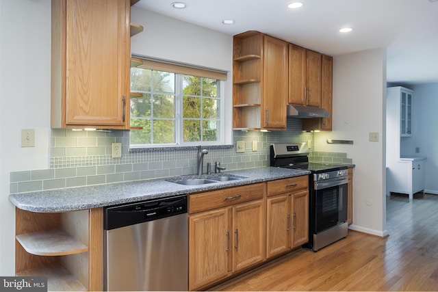 kitchen with a sink, open shelves, stainless steel appliances, and under cabinet range hood