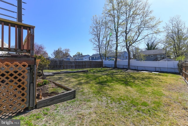 view of yard featuring a fenced backyard, a garden, and a residential view