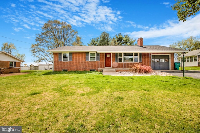 7906 Longmeadow Dr, Frederick, MD 21701 - single story home with a chimney, driveway, brick siding, a front yard, and a garage