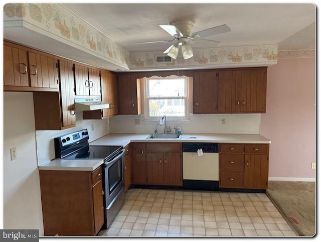 28 Lincoln Pl, Whitehall, PA 18052 - kitchen with light countertops, electric stove, a sink, white dishwasher, and ceiling fan