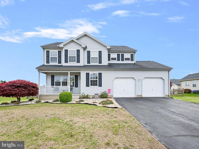 traditional-style home featuring an attached garage, aphalt driveway, a front lawn, and covered porch