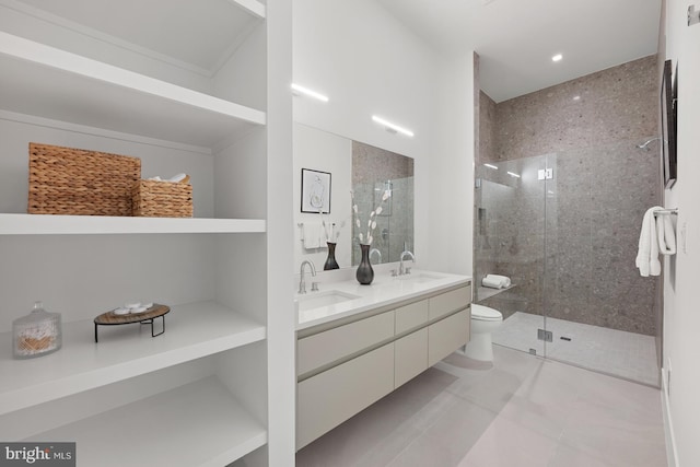 6018 Woodland Ter, Mclean, VA 22101 - full bathroom featuring a stall shower, toilet, double vanity, and tile patterned floors