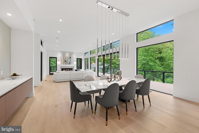 6018 Woodland Ter, Mclean, VA 22101 - dining area featuring light wood finished floors, a lit fireplace, recessed lighting, and a towering ceiling