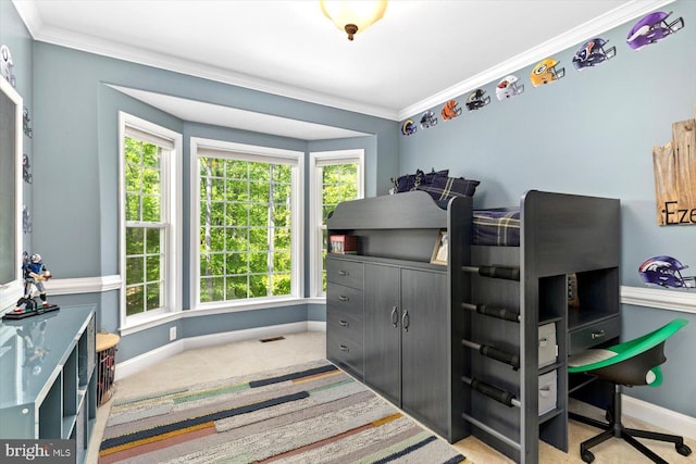 carpeted bedroom featuring baseboards, multiple windows, ornamental molding, and visible vents