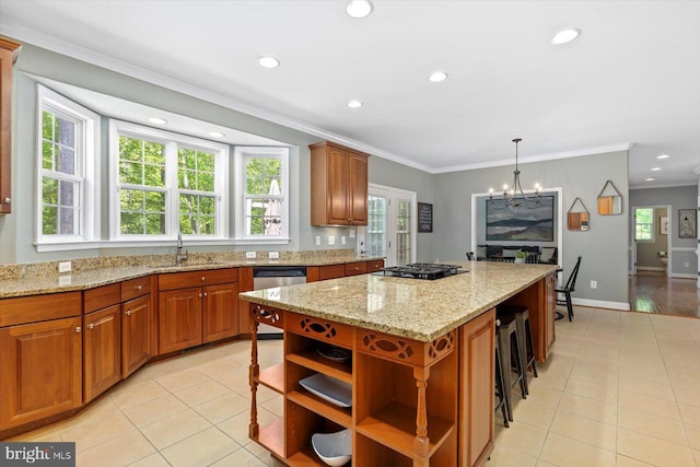 kitchen with plenty of natural light, open shelves, dishwasher, light tile patterned floors, and a breakfast bar