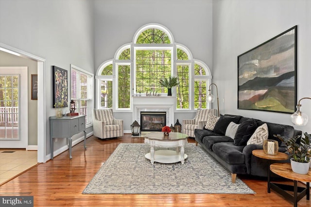 living area featuring a high ceiling, a glass covered fireplace, and wood finished floors