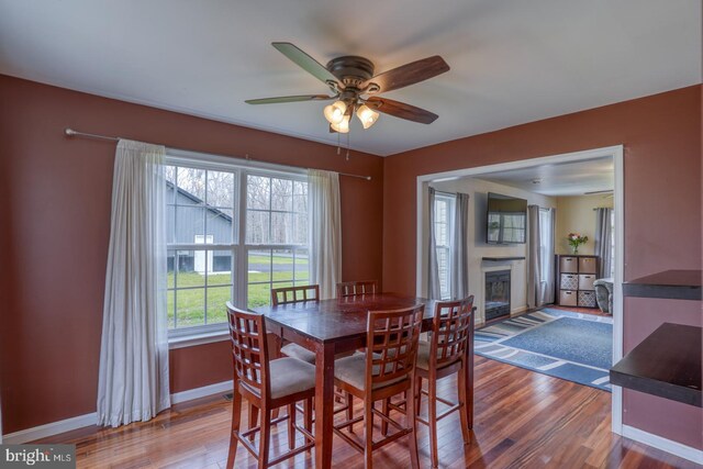 519 Squawigm Rd, Dover, DE 19901 - dining room featuring a glass covered fireplace, wood finished floors, a ceiling fan, and baseboards