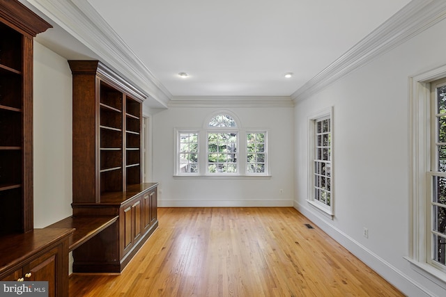interior space with crown molding, light wood finished floors, and a wealth of natural light