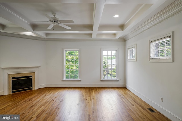 unfurnished living room with visible vents, beam ceiling, wood finished floors, a ceiling fan, and coffered ceiling