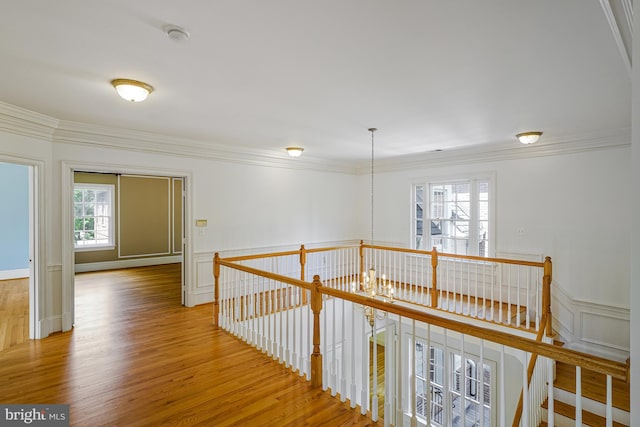 corridor with ornamental molding, wainscoting, wood finished floors, and an upstairs landing