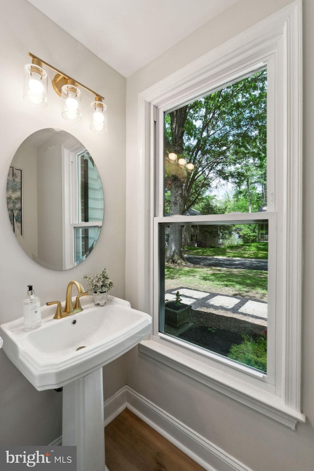bathroom with wood finished floors and baseboards
