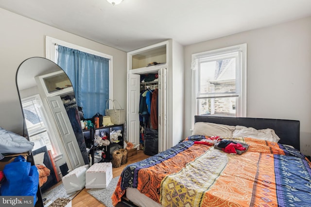 bedroom with wood finished floors and a closet
