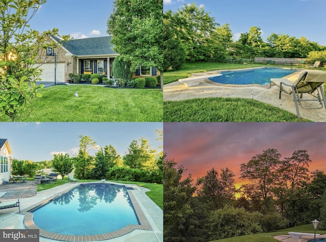 2215 Battery Ct, Frederick, MD 21702 - pool at dusk with a diving board, a lawn, an outdoor pool, and view of scattered trees