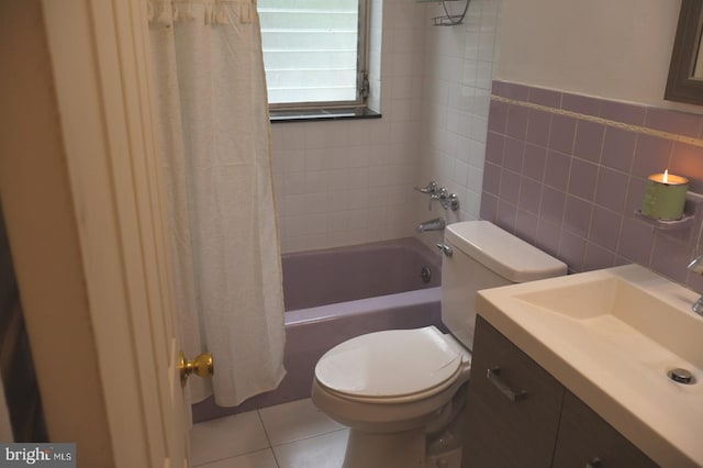 416 Lynwood Ave, Hamilton, NJ 08629 - full bathroom with tile walls, toilet, vanity, tile patterned floors, and shower / bathtub combination with curtain
