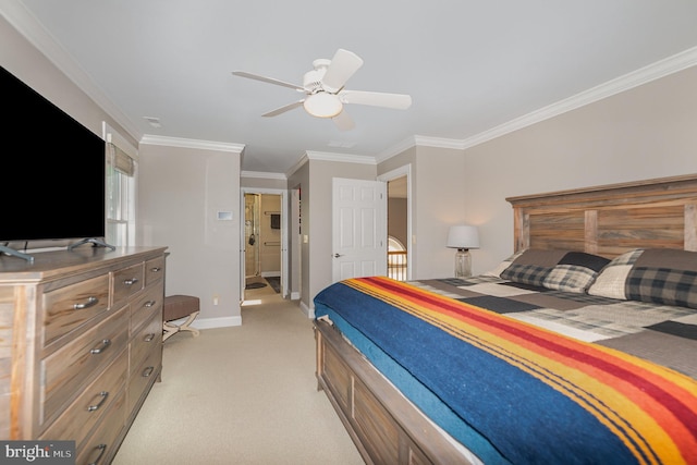 bedroom featuring crown molding, baseboards, light carpet, and a ceiling fan