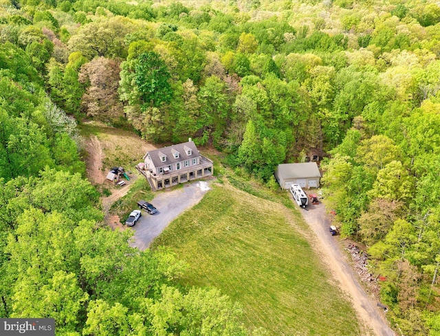 view of subject property with a forest
