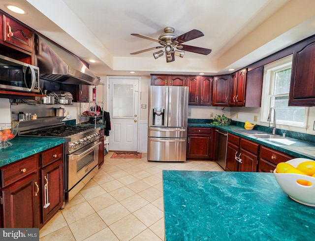 kitchen featuring stainless steel appliances, a sink, extractor fan, light tile patterned flooring, and a ceiling fan