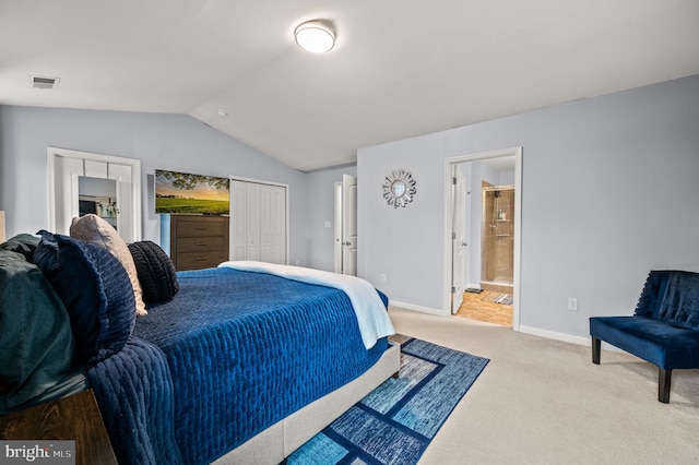 131 Time Cir, Bear, DE 19701 - bedroom featuring vaulted ceiling, ensuite bathroom, carpet floors, baseboards, and visible vents