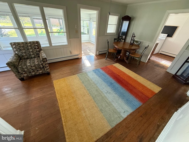 4747 Tyaskin Rd, Tyaskin, MD 21865 - dining room featuring a baseboard heating unit, dark wood finished floors, a wainscoted wall, and crown molding