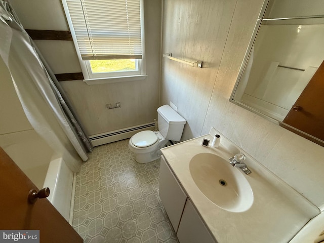 4747 Tyaskin Rd, Tyaskin, MD 21865 - full bath featuring shower / bath combo with shower curtain, vanity, a baseboard radiator, and toilet