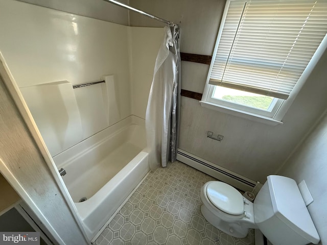 4747 Tyaskin Rd, Tyaskin, MD 21865 - full bathroom featuring a baseboard radiator, toilet, and shower / bathtub combination with curtain