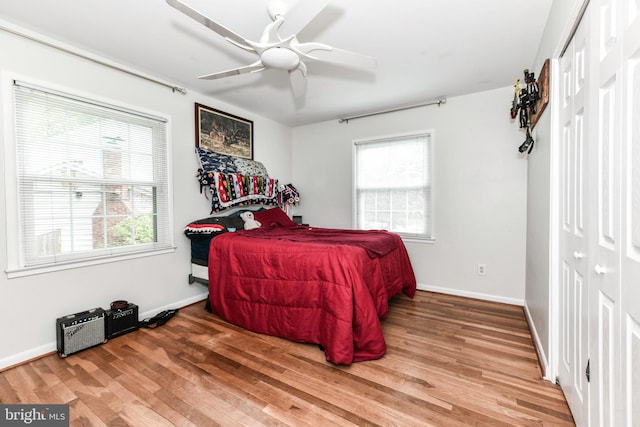 bedroom with wood finished floors, a closet, baseboards, and multiple windows