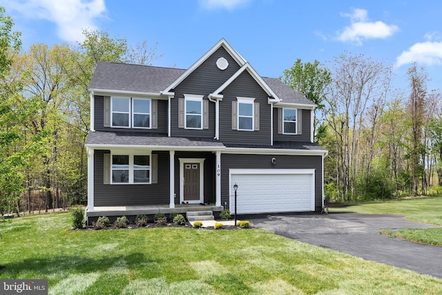 109 Hillsdale Dr, Fredericksburg, VA 22405 - view of front of property featuring a garage, covered porch, driveway, a front lawn, and a shingled roof