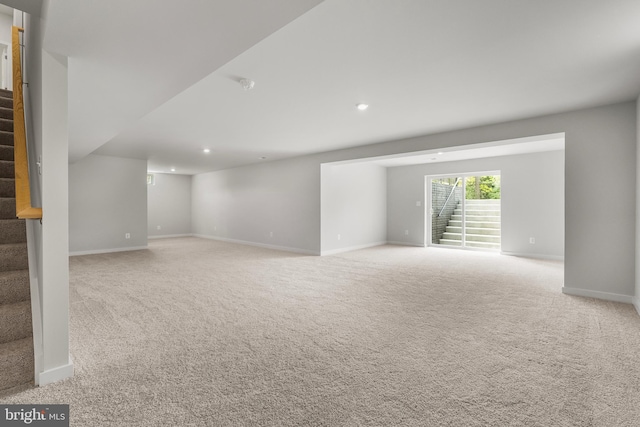 109 Hillsdale Dr, Fredericksburg, VA 22405 - unfurnished living room with stairs, carpet floors, and recessed lighting