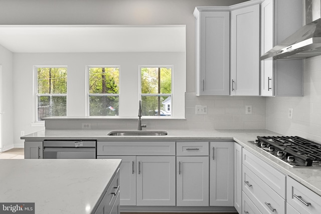109 Hillsdale Dr, Fredericksburg, VA 22405 - kitchen with wall chimney exhaust hood, appliances with stainless steel finishes, backsplash, and light stone counters