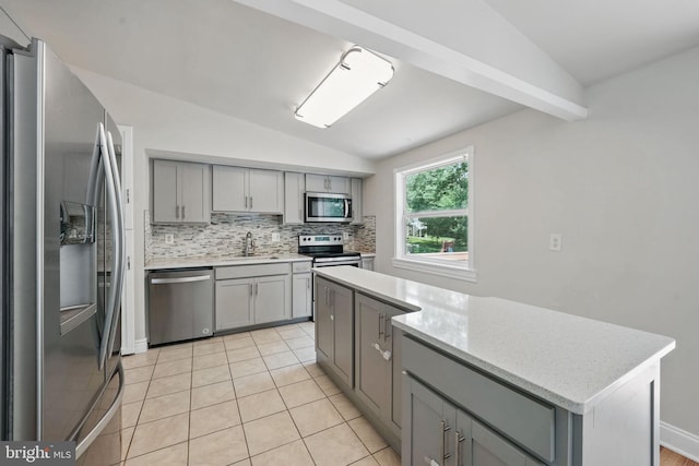 1258 Magnolia, Herndon, VA 20170 - kitchen with appliances with stainless steel finishes, gray cabinetry, vaulted ceiling, a sink, and decorative backsplash