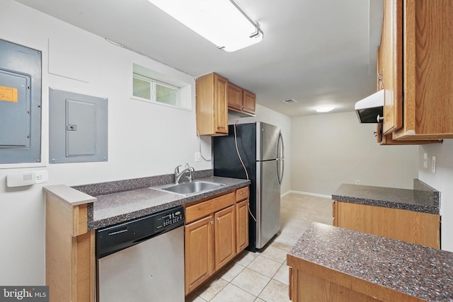 1258 Magnolia, Herndon, VA 20170 - kitchen featuring appliances with stainless steel finishes, a sink, electric panel, dark countertops, and exhaust hood