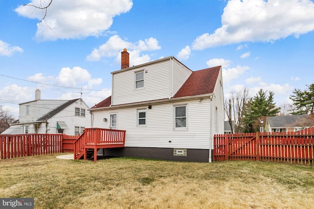 4 Cavan Dr, Lutherville Timonium, MD 21093 - rear view of house featuring a chimney, a fenced backyard, a yard, a wooden deck, and roof with shingles