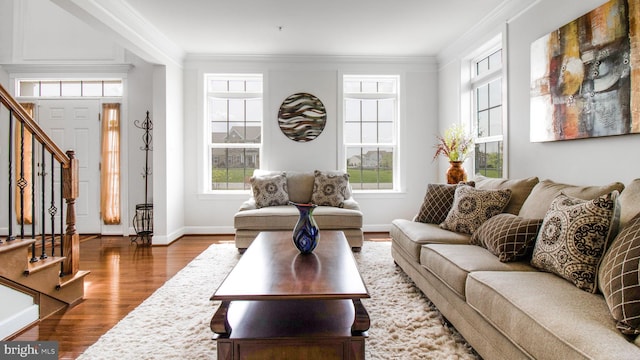 13002 Walkers Ln, Bowie, MD 20721 - living area with baseboards, ornamental molding, wood finished floors, and stairway