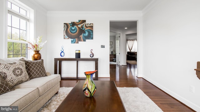 13002 Walkers Ln, Bowie, MD 20721 - living room featuring baseboards, ornamental molding, and dark wood-type flooring