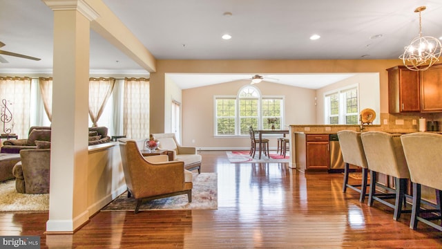 13002 Walkers Ln, Bowie, MD 20721 - living room with baseboards, dark wood-style flooring, ceiling fan with notable chandelier, and vaulted ceiling