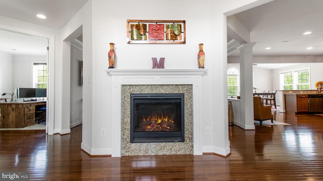 13002 Walkers Ln, Bowie, MD 20721 - living room with baseboards, recessed lighting, dark wood-style floors, and a premium fireplace