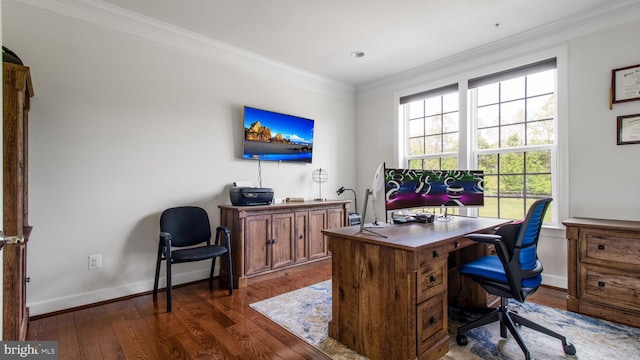 13002 Walkers Ln, Bowie, MD 20721 - home office featuring crown molding, baseboards, dark wood-style floors, and a wealth of natural light
