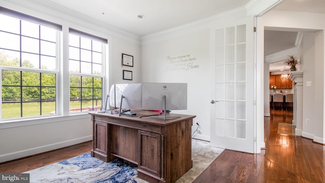 13002 Walkers Ln, Bowie, MD 20721 - office area with baseboards, ornamental molding, a wealth of natural light, and wood finished floors