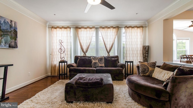 13002 Walkers Ln, Bowie, MD 20721 - living area featuring crown molding, baseboards, ceiling fan, and wood finished floors
