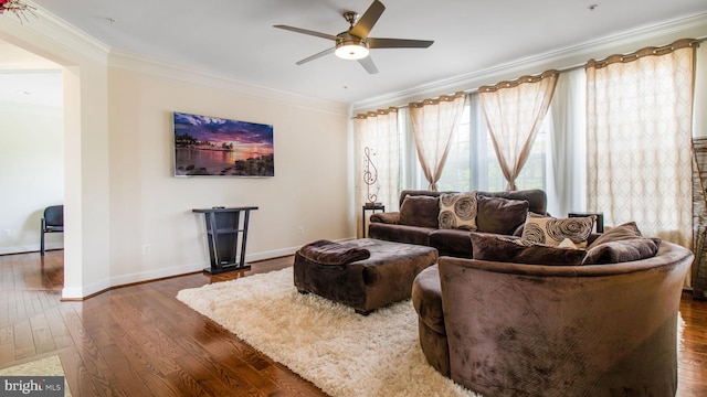 13002 Walkers Ln, Bowie, MD 20721 - living area featuring ornamental molding, ceiling fan, and dark wood-type flooring