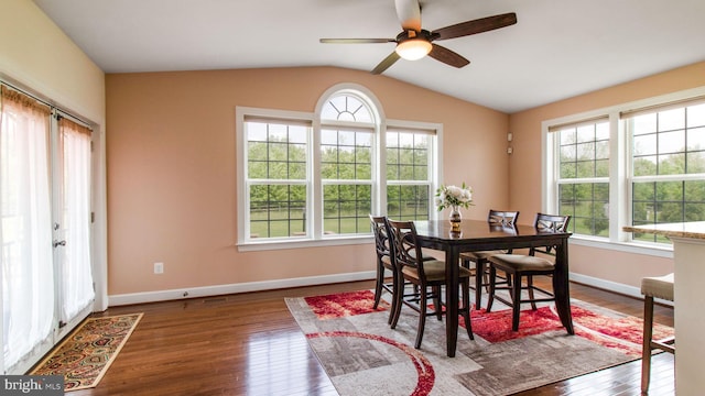 13002 Walkers Ln, Bowie, MD 20721 - dining space featuring baseboards, a ceiling fan, lofted ceiling, and wood finished floors